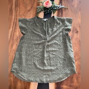 Calvin Klein Olive Green Flutter Cap Sleeve Patterned Blouse